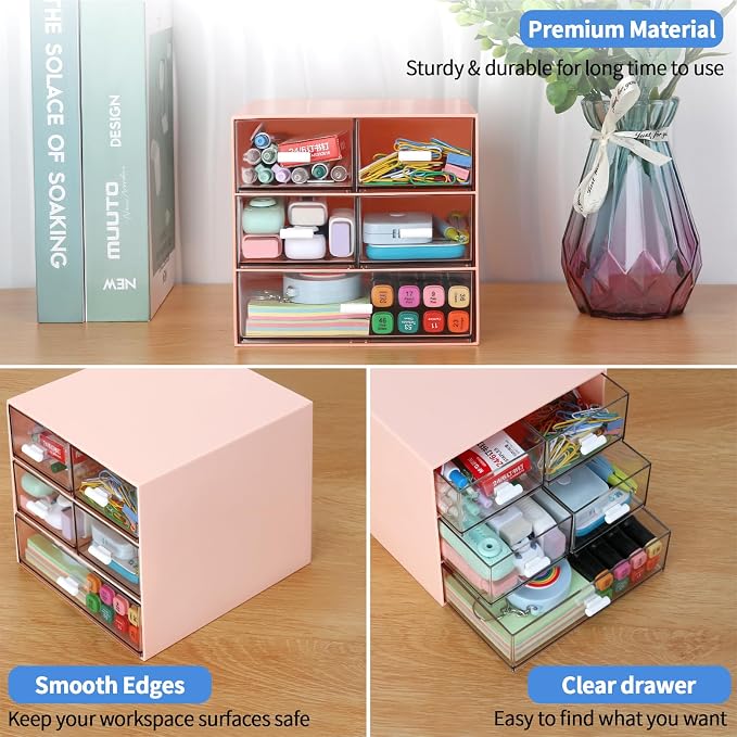 Desk Organizer with 5 Drawers, Rectangular Office Stationery Supplies Desktop Drawers, Plastic Makeup Storage, Suitable for Office, School, Home (Pink & 5 Drawers)