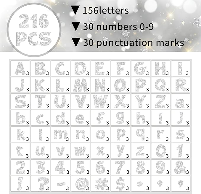 Starboling 216 Pcs Glitter Bulletin Board Letter,4 Inch Poster Board Letters self Adhesive for Mailbox Crafts Classroom School Home Decor(Silver)