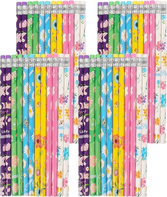 48 pcs Flowers Pencils with Eraser Wood Pencils Bulk for Writing and Drawing (Flowers, 48)