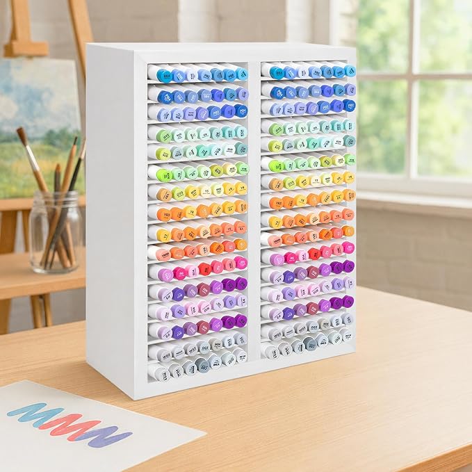 PROLEE Marker Organizer for 224 Markers,Wooden Marker Holder with 32 Slots, Pens Pencils Art Supply Alcohol Markers Storage Organizer for Desk Home Classroom Office Decor (White,15“x11”x5.2 “)