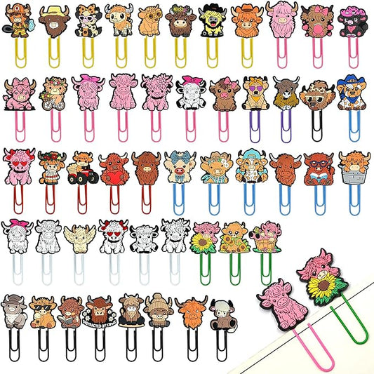Cute Paper Clips, 50Pcs Highland Cow Bookmark Paperclips Bulk Metal Fun Cute Cow Planner Clip Charms Clamp Desk Accessories Stationery Colorful Office Supplies Gifts for Student Teacher Party Decor