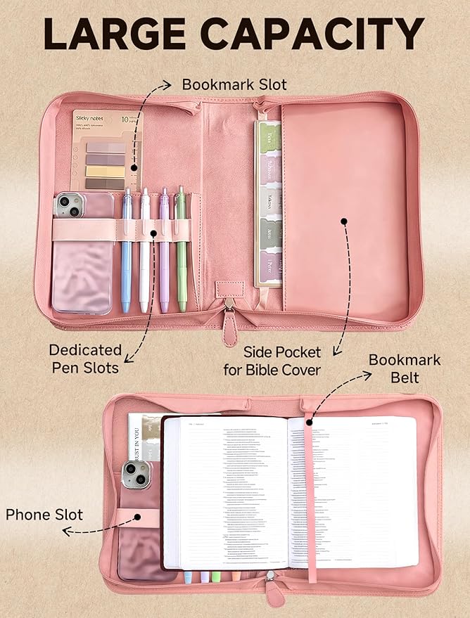 Bible Cover Case for Women, Large Bible Bag with PU Leather Hot Foil Stamping Cross Design, Journaling Kit, Bible Study Supplies Accessories, Christian Gifts for Girls & Women (Pink)