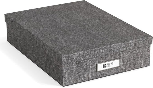 Bigso Oskar Canvas Fiberboard Document Letter Box for Important Paperwork A4 or Letter Size - Durable Keepsake Box with Lid and Metal Label Holder - 3.3in x 10.2in x 13.8in - Melange Grey