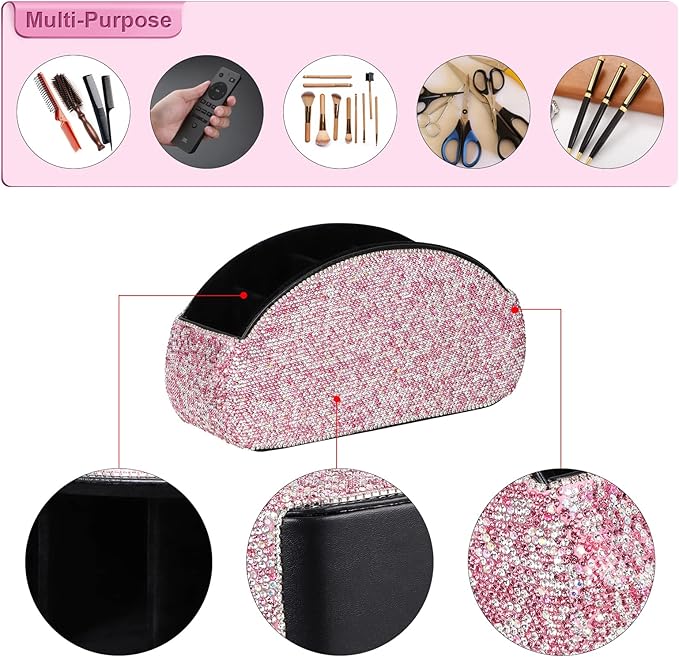 KEYPOWER Remote Control Holder Organizer Table Desk Leather Control Storage TV Remote Control Organizer with 5 Spacious Compartments Bling Crystal Luxury Handmade Diamond