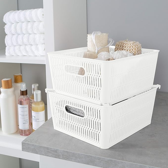 Simplify 4Pk Large Slide 2 Stack It Tote Basket | Storage & Organization | Open Bins with Stackable Capability | Bathroom | Crafts | Pantry | Playroom | Office | White (KIT-25930-WHITE-4PK)