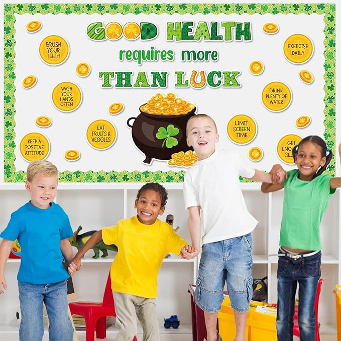 JarThenaAMCS St. Patrick's Day Health Bulletin Board Set Lucky Shamrock Classroom Decorations Clover Gold Coin Paper Cutouts for Irish Party Supplies School Classroom Chalkboard Wall Decor