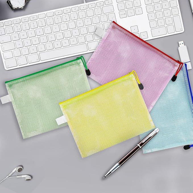 12 Pack Document Zipper Pouch Travel File Mesh Bags A4 A5 A6 Size School Office Supplies Colors Plastic Bag for Storage Waterproof Zip Folders Cosmetics Pouches Letter Pencil PVC Organizing for Home