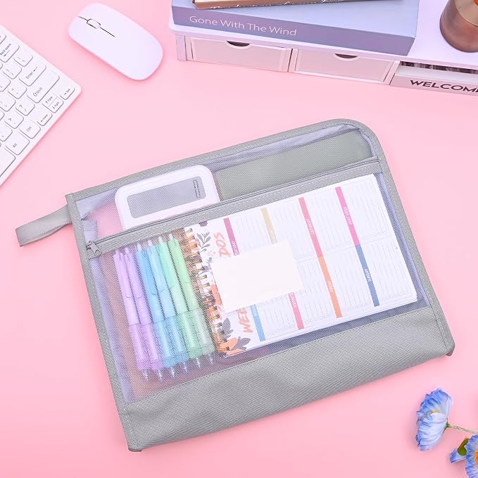Mesh Zipper Pouch Bag with Handle, A4 Sized Double-Layer Clear Nylon Document Bags with Label, 14 x 10 in File Puzzle Storage Organizer for School Office Travel Supplies (Gray)