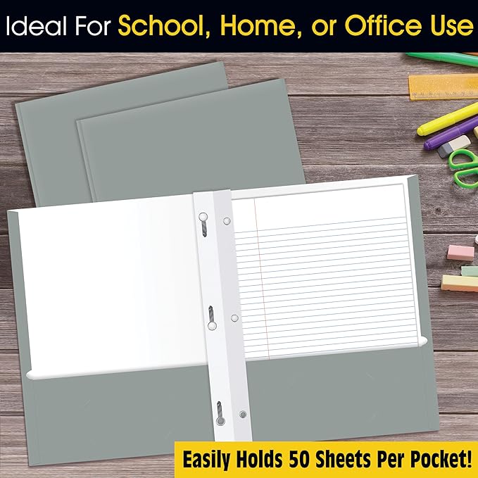 2 Pocket Portfolio Folders with Prongs (Metal Fastener Clips), 25 Pack, Cool Trendy Colors, Fits Letter Size Paper, for School, Office, Home, Matte Finish (Silver Gray)