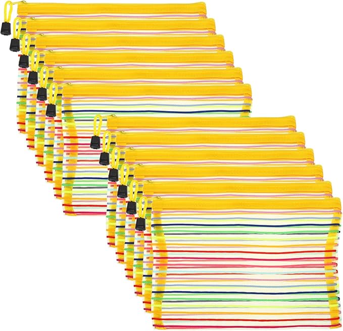 PATIKIL Mesh Zipper Pouch, 12 Pack Nylon A5 Size Pen Pencil Case Document Toiletry Cosmetic Makeup Zipper Travel Pouch Organizer for Office, Yellow