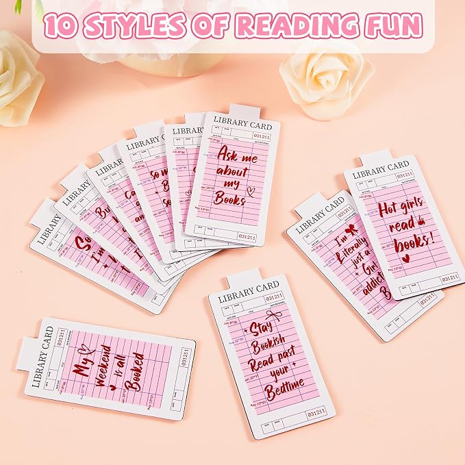 10 Pieces Pink Library Card Magnetic Bookmarks Magnetic Book Marks for Reading Magnet Bookmark Clips for Women Book Lovers Girls Students Reading Accessories Bookish Gift Birthday Gifts