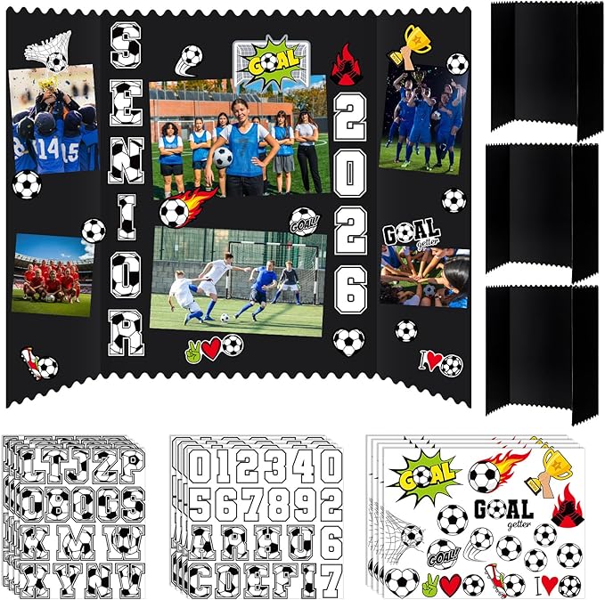 Tinlade 3 Set Soccer Senior Night Gifts Senior 2026 Photo Display Board 24" x 16" Trifold Poster Board with Soccer Themed Stickers for Graduation Picture Frame Sport Theme Party Supplies