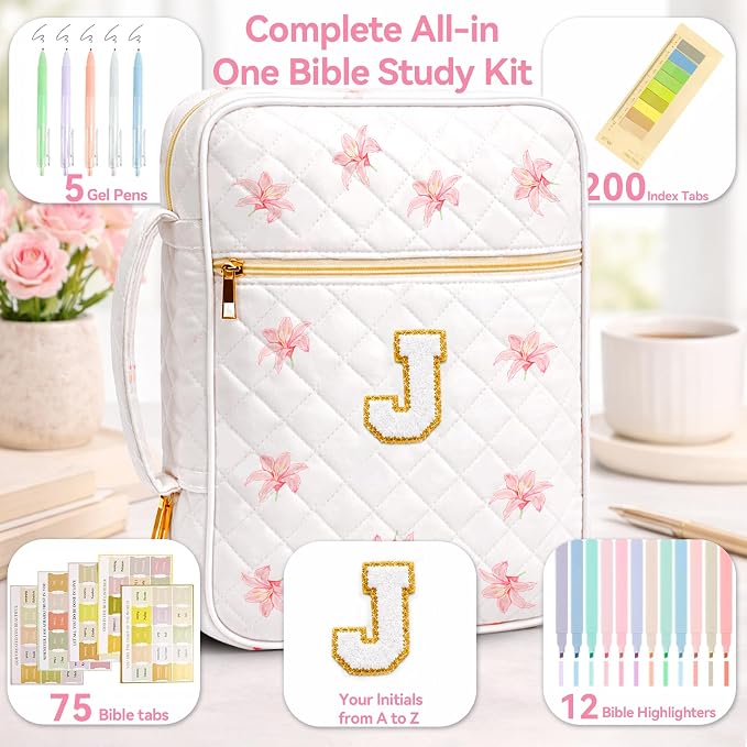 Bible Bag for Women, Bible Cover Case with Study Supplies, Initials Personalized Quilted Bible Bag, Large Chenille Bible Cover – Christian Gift for Girls (Pink Lilies-J)