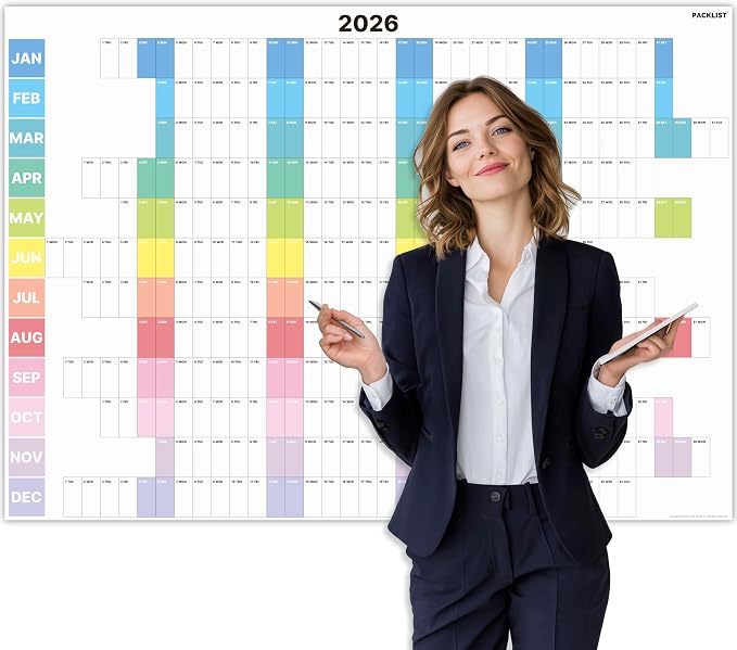 PACKLIST® 2026 Yearly Wall Calendar Large Planner - 33 x 24 Inches Full Year Poster with Vertical Weekly Columns | Giant Academic, Home & Office Wall Organizer