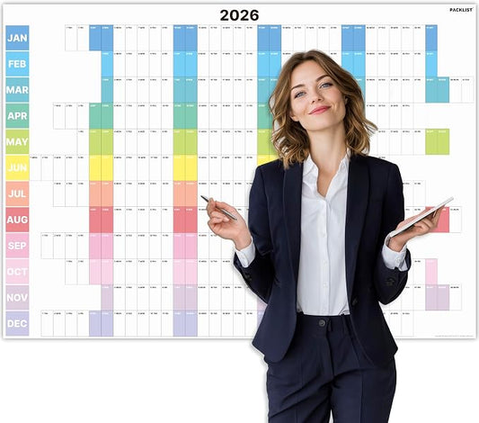 PACKLIST® 2026 Yearly Wall Calendar Large Planner - 33 x 24 Inches Full Year Poster with Vertical Weekly Columns | Giant Academic, Home & Office Wall Organizer