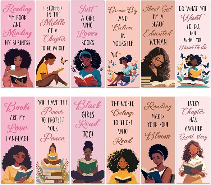 Laffact 240Pcs Book Tracker Bookmarks, Black Girls Themed Paper Bookmarks Bulk, 6.1”×2.4” Double-Sided Reading Page Marker, Black Woman Bookish Gifts for Book Lover School Library Supplies Accessories