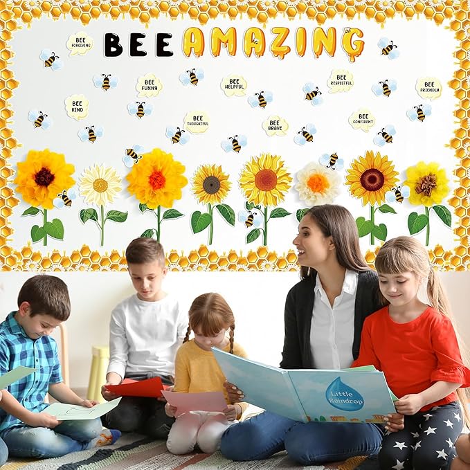 Qilery 103 Pcs Bee Amazing Bulletin Board Sets Cute Bee Honey Bulletin Board Cutouts Borders 3D Sunflower Classroom Bulletin Board Decoration for Spring Summer School Chalkboard Wall Door Decor