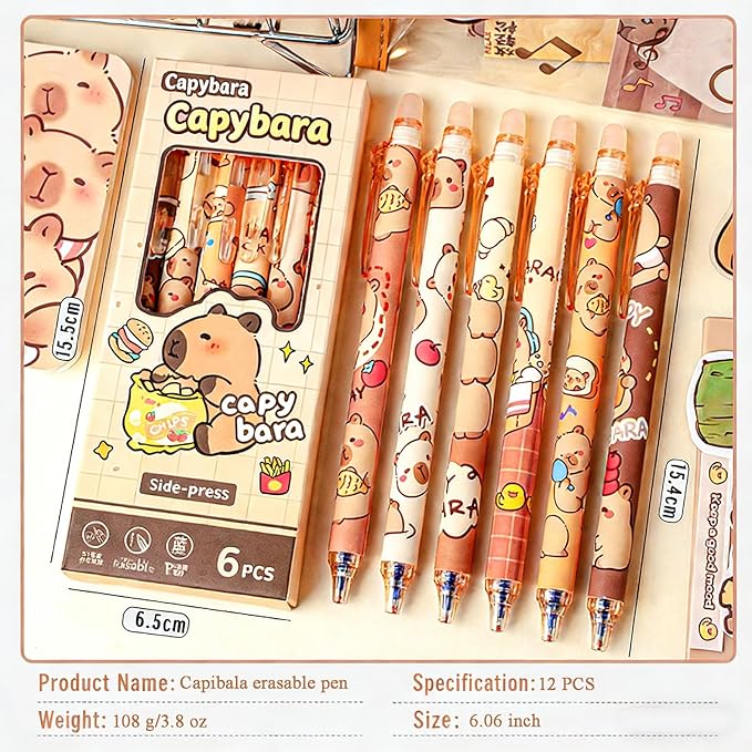 12 Pcs Capybara Pens, Cute Erasable Retractable Pen Erasable Gel Ink Cartoon 0.5mm Fine Point Blue Ink Pen Cartoon Writing Pen (12-pack capybara pens)