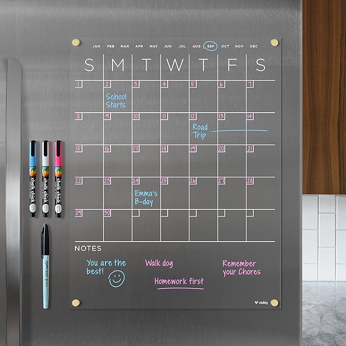 Magnetic Acrylic Month & Notes Calendar for Fridge, 14” x 18” Clear Refrigerator Planning Board, Includes 4 Magnetic Wet-Erase Markers, Gold Corner Magnets