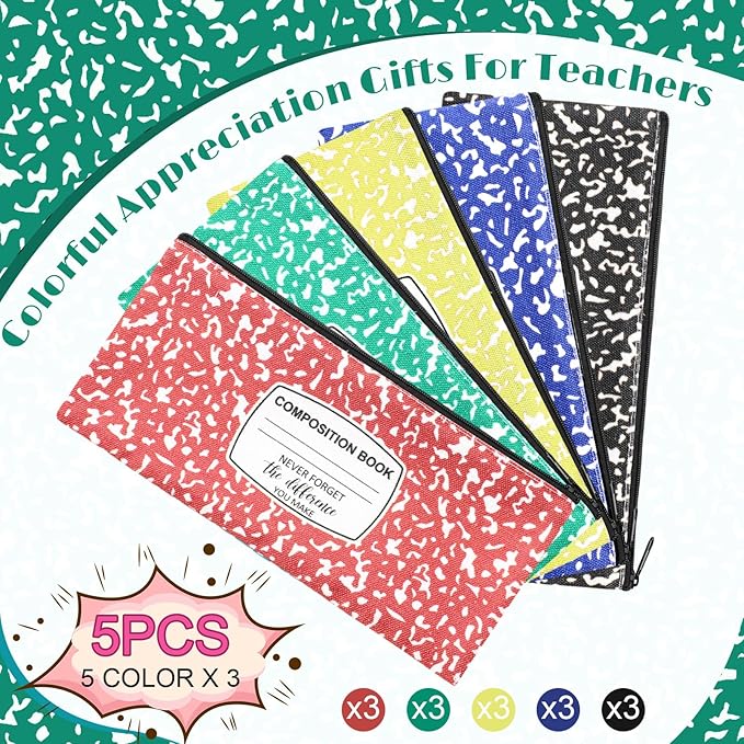 Epakh 15 Pcs Teacher Pencil Case Pouch 8.7 x 3.9 Inches Composition Teacher Appreciation Gifts Portable Pencil Bag with Zipper Multipurpose Cute Pen Pouch for Teachers Stationery Organizer (Vintage)