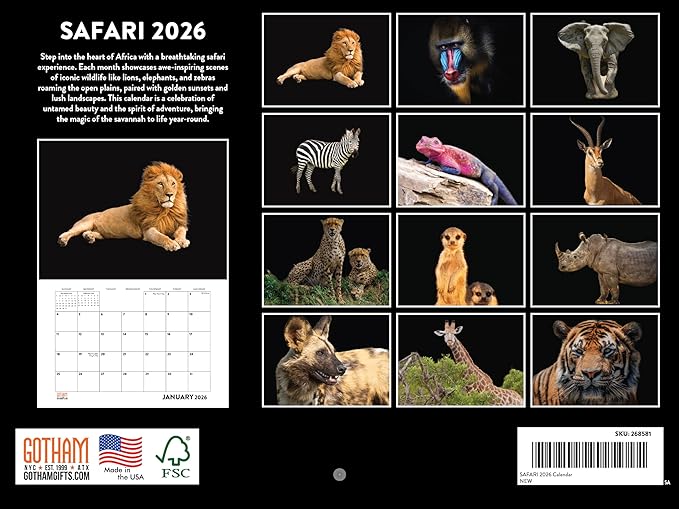Safari Calendar 2026 Wild Animals Monthly Wall Calender 12 Month | American Made In The USA