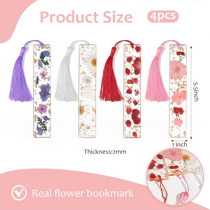 4pcs Pressed Flower Bookmark Pretty Floral Bookmark Durable Handmade Dried Flower Bookmarks for Women Reading Gift (Style B)