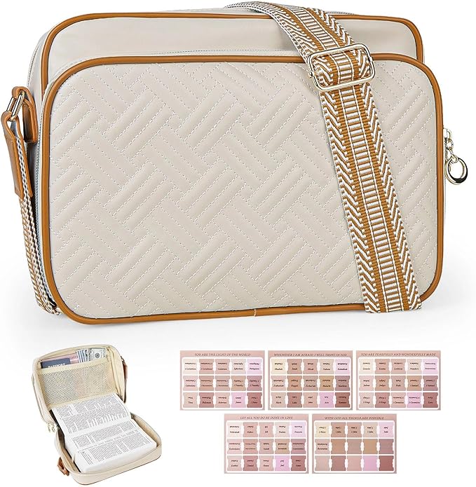 MHJY Bible Bag Leather Bible Cover Case for Women Zipper Quilted Bible Cover with Bible Tabs and Shoulder Strap Crossbody Purses for Book Cover