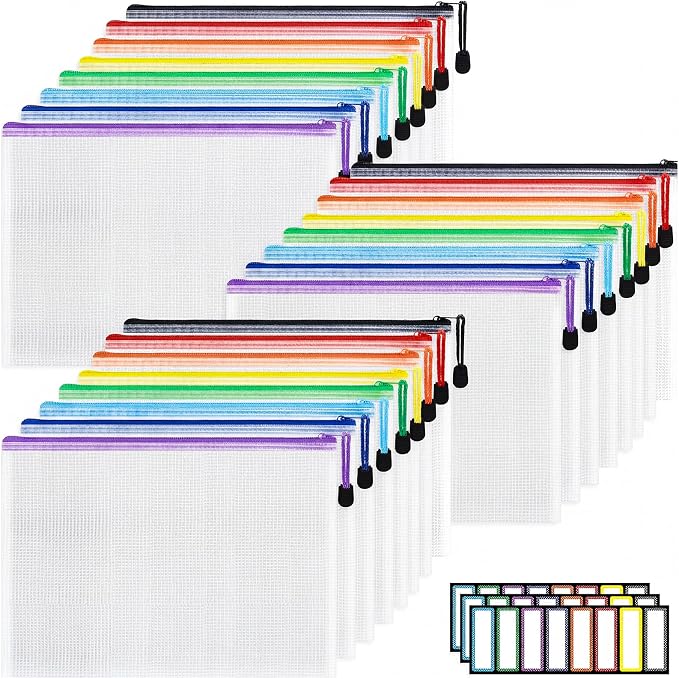 EOOUT 24pcs A4 Zipper Pouch Bags, Mesh Pouch Bags with Labels for Board Games & Puzzles Supplies, Waterproof Document Zipper Cases for School Toys Office Cosmetics Travel Storage,8 Colors