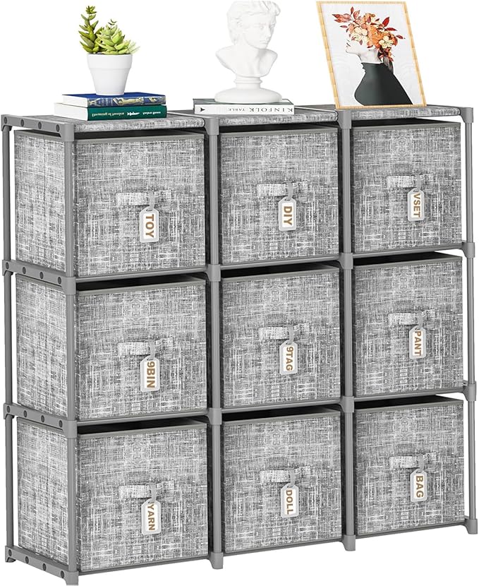 LUKYTOWER 9 Cube Closet Organizer with Beautiful Printed Drawers + Labels,Adjustable Modular Storage Shelf, Toy Cubby Organizer
