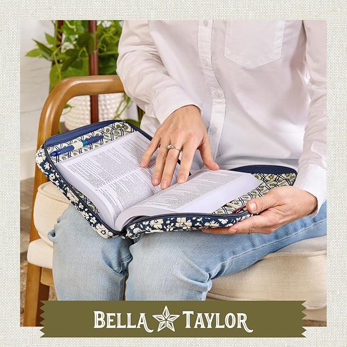 Bella Taylor Quilted Bible Cover for Women - Large Study Bible Case - Bicolor Floral Navy