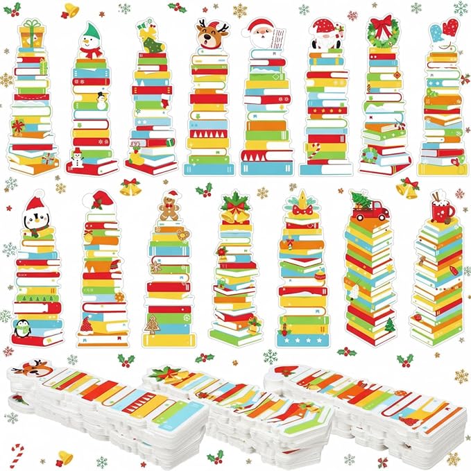 Kolldenn 150 Pcs Book Tracker Bookmarks Bulk 6.3 x 1.97 Inch Bookshelf Love to Read Bookmarks Paper Tracking Double Sided Reading Page Markers for Back to School Reading Lover(Classic Christmas)