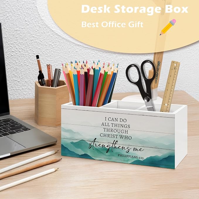 Motivational Christian Pen Holder Organizer, Christian Desk Decor, I Can Do All Things Through Christ Bible Verse Wooden Pen Pencil Holders for Home Office Desk Accessories