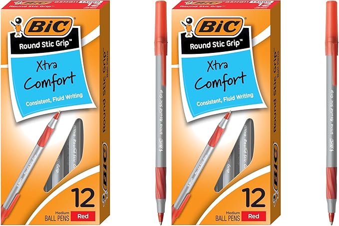 BIC Round Stic Grip Xtra Comfort Red Ballpoint Pens, Medium Point (1.2mm), Excellent Writing Pens With Soft Grip for Superb Comfort and Control 12 Count (Pack of 2)