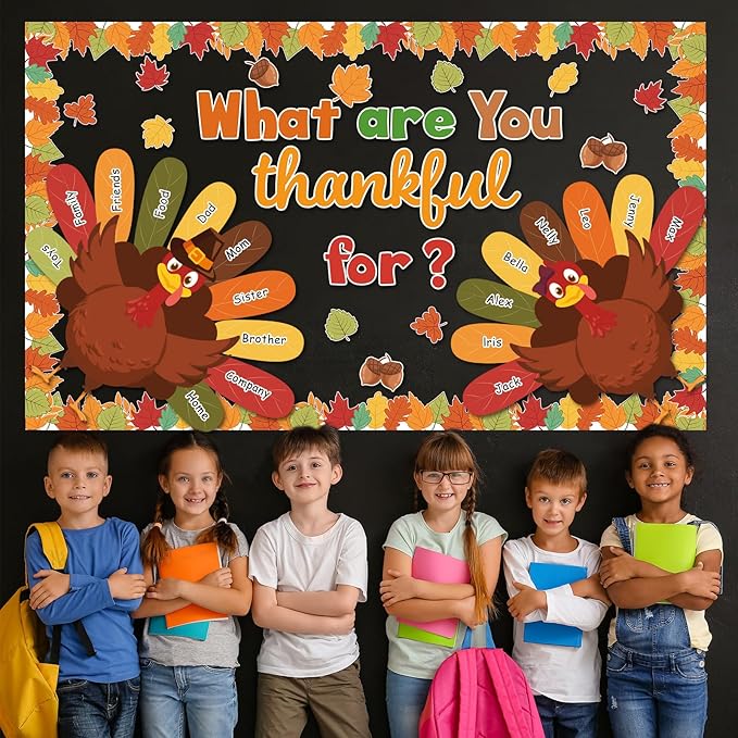 Fall Thanksgiving Turkey Classroom Bulletin Board Decorations We are Thankful Cutouts Autumn Maple Leaves Turkey Bulletin for Fall Harvest Student Teacher Wall Chalkboard Decor Supplies