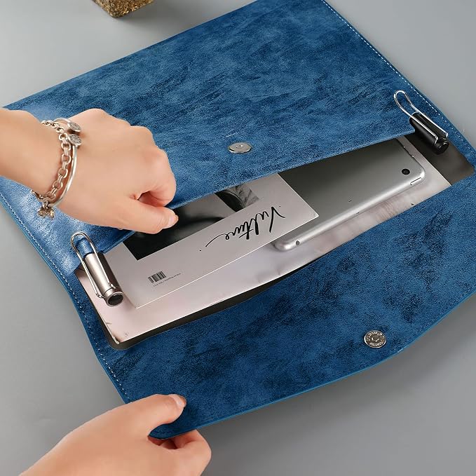 PU Leather A4 File Folder Document Holder Waterproof Portfolio Envelope Folder Case with Snap Closure Blue
