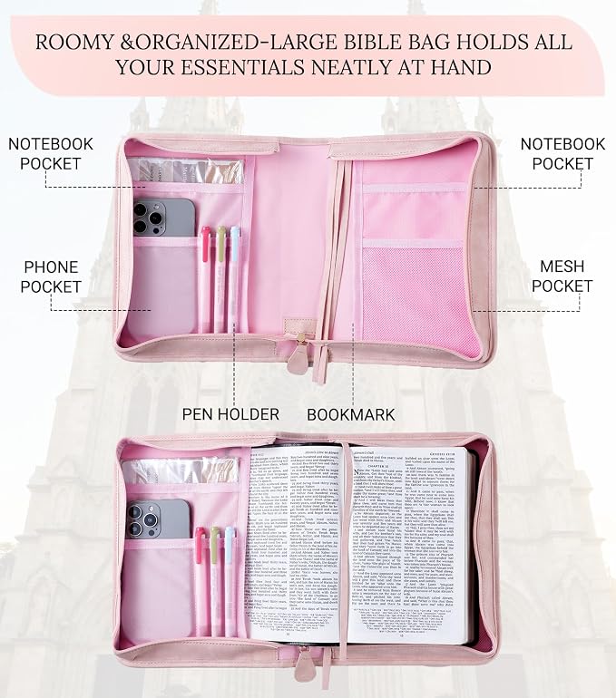 Vegan Leather Bible Cover for Men & Women, Bible Case with Gift Box, Christian Catholic Religious Bible Gifts (Pink)