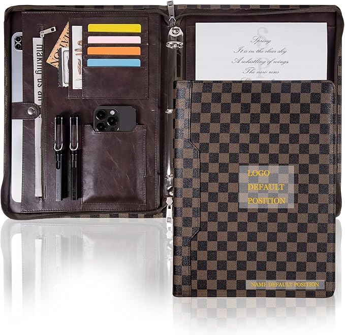 Calfinder Personalized Portfolio Binder for Women&Men, Free Name Engrave,Customized Leather Padfolio with Logo or Name,3 Ring Zippered Padfolio with Pad 13" Holder for Interview（Brown-Grid）