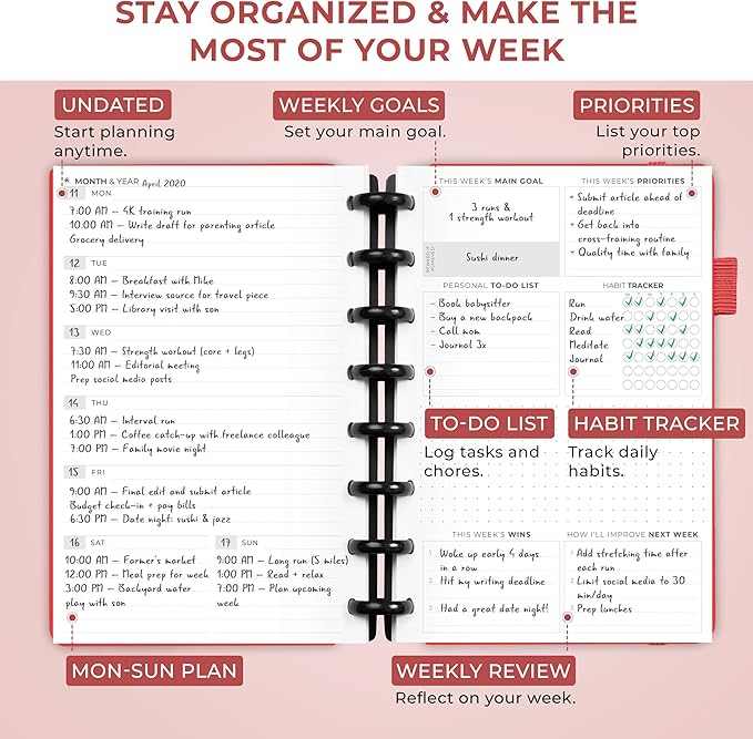 Clever Fox Disc-Bound Weekly Planner – Undated Monthly Notebook with Habit Tracker, Productivity Journal – Life, Work & Goal Organizer, 6.5 x 8.4" (Red)
