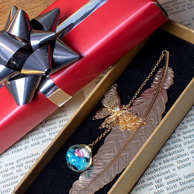 Teacher Appreciation Gifts for Women - Metal Feather Bookmark with 3D Butterfly Charm – Mother’s Day Gifts for Mom, Thank You Gifts, Book Lover Gift Under 10 Dollars, Gift Box Included