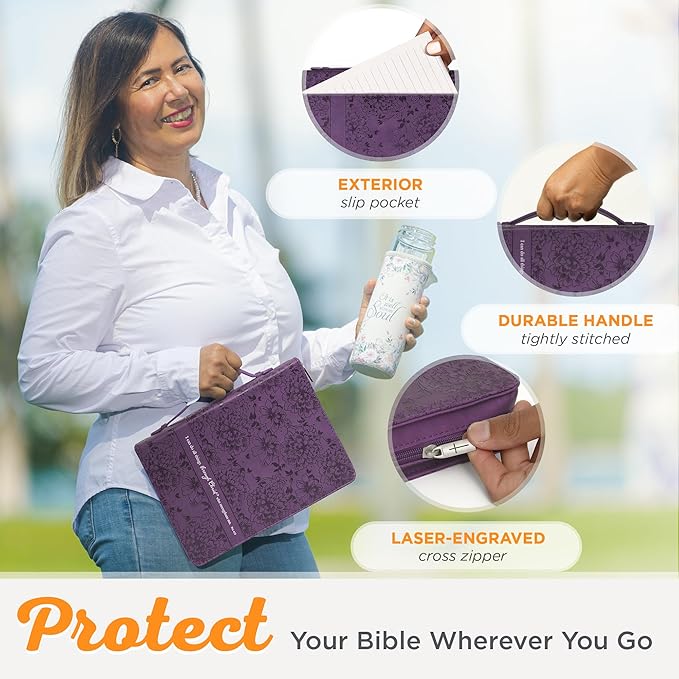 Christian Art Gifts Women's Fashion Bible Cover I Can Do All Things Philippians 4:13, Purple Floral Faux Leather (Large)
