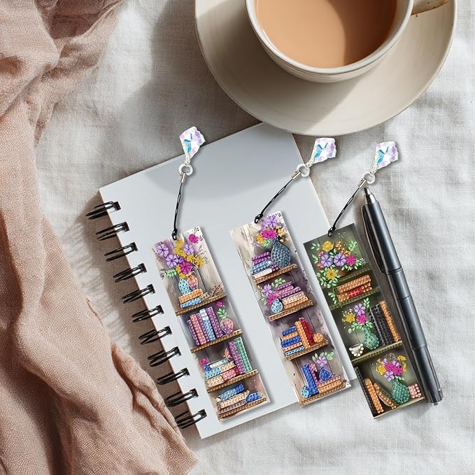 4 PCS Book Diamond Art Bookmarks for Adults, Bookshelf Diamond Painting Bookmarks with Pendant, 5d Gem Art, Acrylic Bookmark DIY Crafts for Books Decor Gift