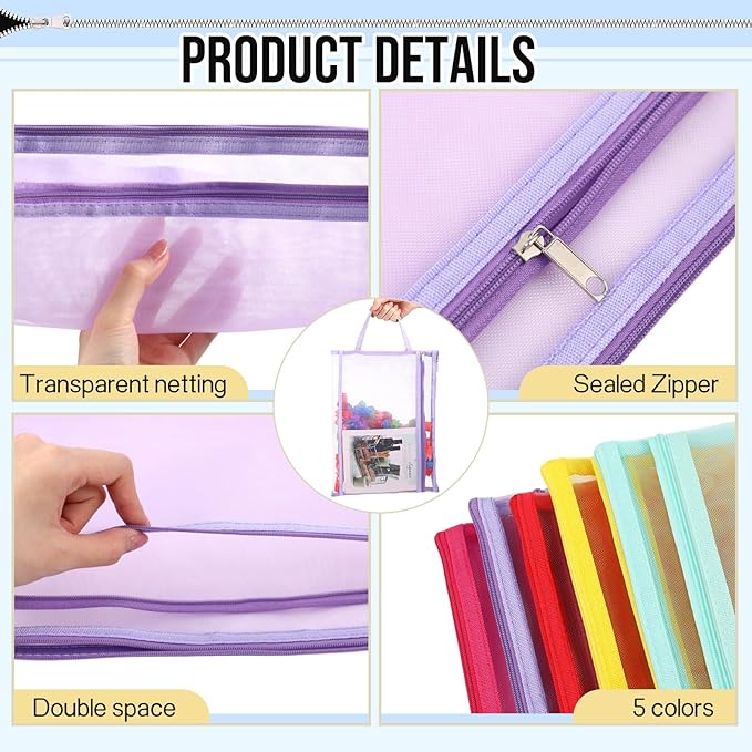 Marspark 25 Pack Colored Mesh Zipper Pouch Bags Double Layer Nylon Puzzle Bags A4 Zipper Pouch with Handle for Toy Organizer Storage School Office (Purple, Blue, Watermelon Red, Yellow, Rose Red)
