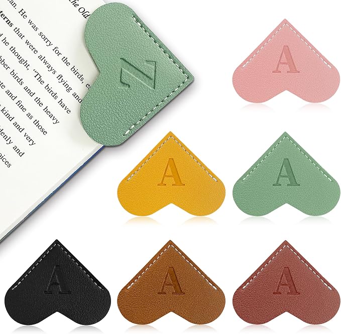 6Pcs Personalized Leather Heart Bookmark with Initial,26 A-Z Letters Cute Corner Book Mark for Reading,Book Page Accessories for Women, Book Lovers, Teachers, Students Gifts