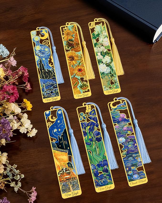 Kinsound Metal Bookmarks with Tassel, Golden Van Gogh Monet Oil Painting Theme Cute Hollow Book Markers for Reading Women, Teachers, Students, Reading Accessories Gifts for Book Lovers (Style A(6PCS))