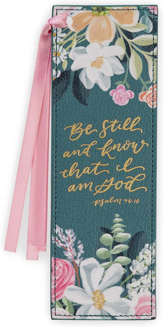 Christian Art Gifts Premium Vegan Leather Inspirational Scripture Bookmark for Women: Be Still & Know Encouraging Bible Verse, Satin Ribbon, Reading Accessory for Books, Bibles, Teal Multicolor Floral