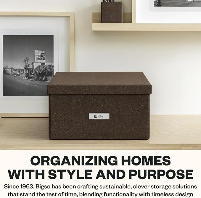 Bigso Katrin Collapsible Storage Box with Lid - Decorative Photo Storage Box with Label Holder for Easy Identification - Simple Assembly without Tools - W13.5 x D17.6 x H7.2 (inches) - Dark Brown