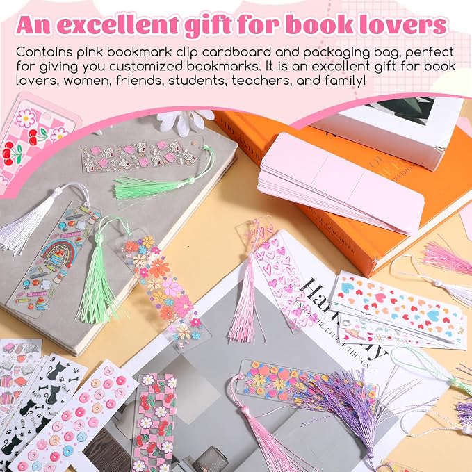 16 Set Acrylic Bookmark Blanks, 16 Sheets UV DTF Stickers 4 Colors Tassels Clear Packing Bags and Pink Bookmark Display Card for Hanging Tag, DIY Crafts, Gift, Bookmarks