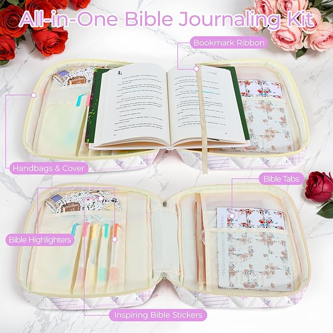 WOBAGMEN Bible Cover Case for Women,Large Bible Tote Bags Organizer Quilted Carrying Case for Girls,Bible Study Supplies Accessories Christian Gifts for Women (Purple Floral Patchwork, M)