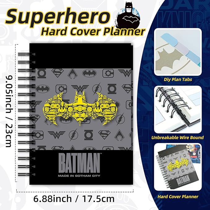2026 Batman Planner Hardcover, Superhero Weekly and Monthly Planner with Notes Pages and 12 Dividers Tabs, Spiral Calendar Notebook Academic Journal for Work School Adults Teens (Plan A)