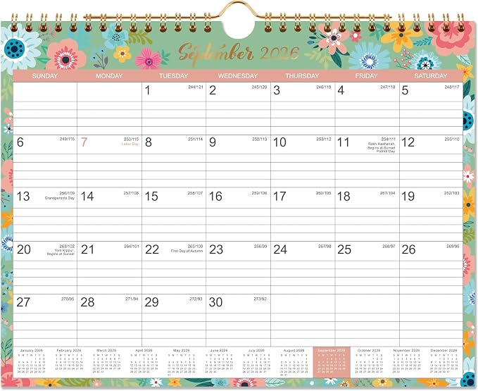 Calendar 2026-2027 - Wall Calendar 2026-2027 with 18 Months, Jul. 2026 - Dec. 2027, Wall Calendar with Twin-Wire Binding + 11" x 8.5" + Hanging Hook + Ruled Blocks with Julian Dates - Black Floral